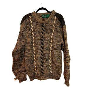 Trutus Biancara Cable Knit Leather Patch Crew Neck Long Sleeve Sweater Size M